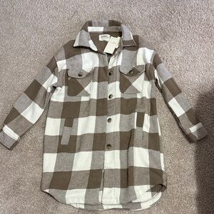 Stylish Women’s Brown and White Plaid Button Down Jacket